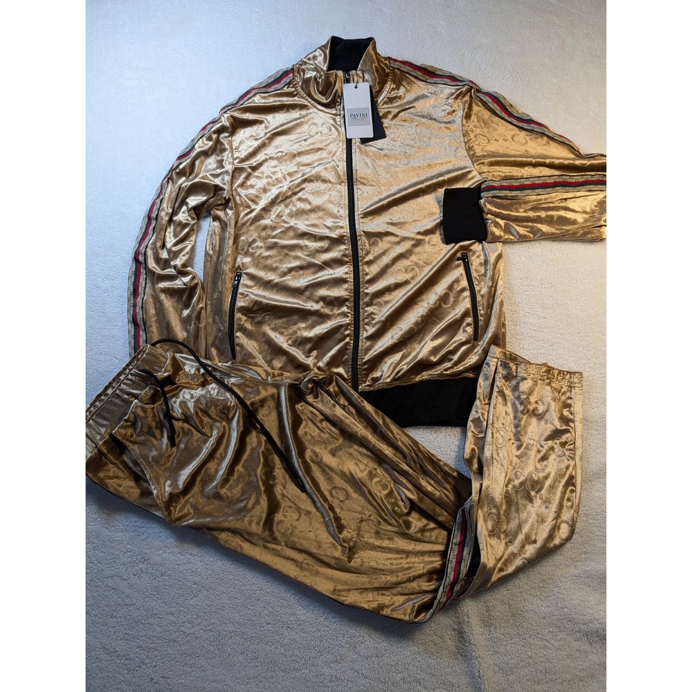 Pavini by Rocco Ravalli Mens Champagne Gold Velour Tracksuit Set VS-006 Size M